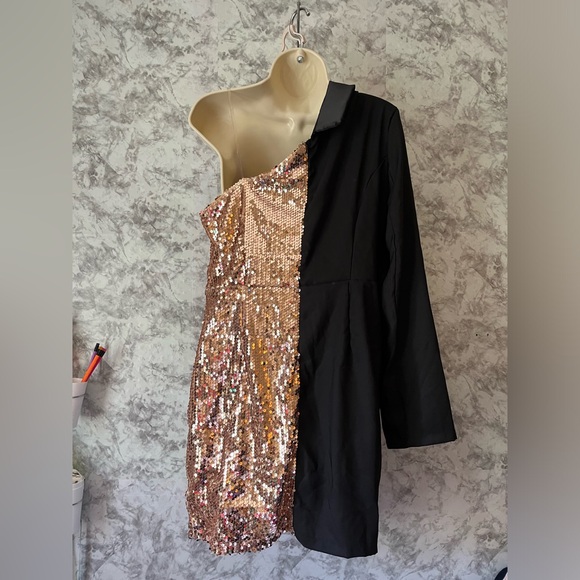 Cocktail Party Dress Sequin Semi Formal Mini Dress Long Sleeve One Shoulder - Picture 7 of 10